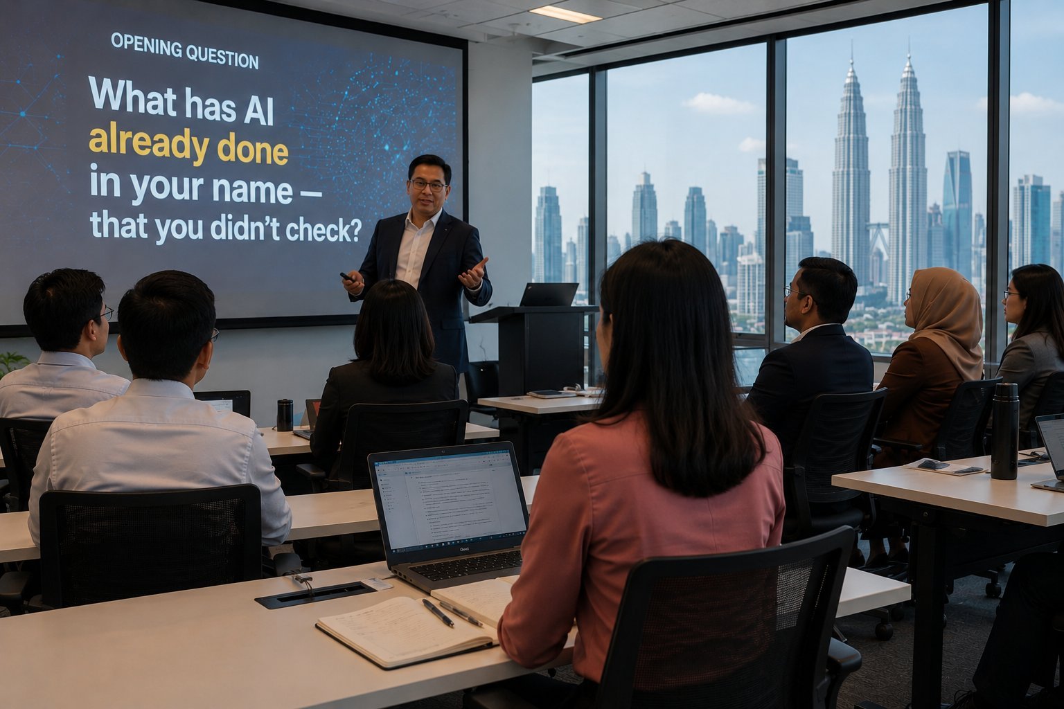 Maya in the training room, KLCC — the opening question