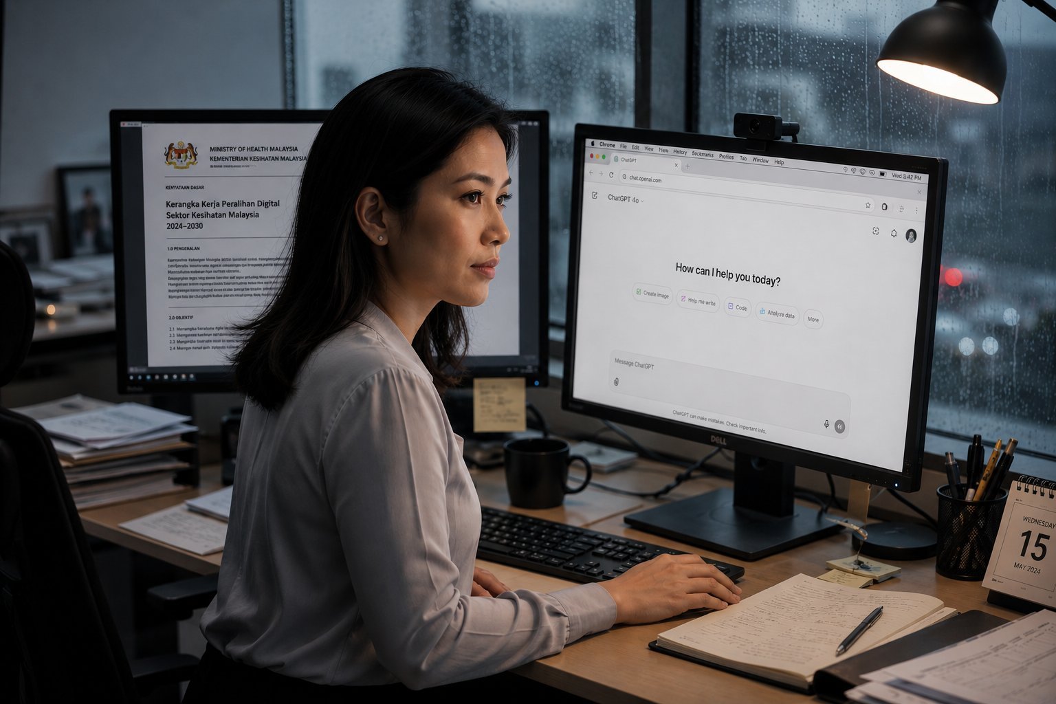 Maya at her desk, the MoH brief on one screen, ChatGPT on the other
