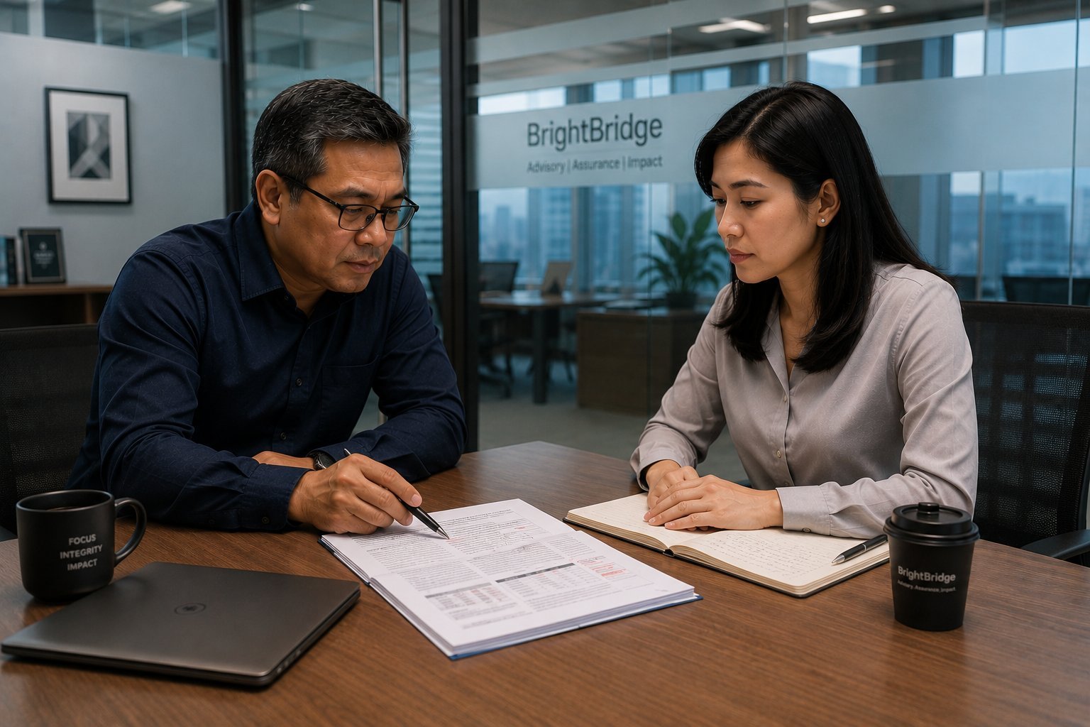 Amir and Maya in the BrightBridge meeting room — the correction
