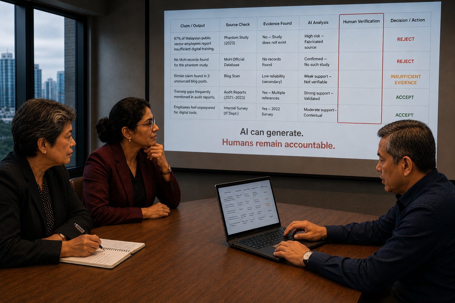 Amir presents the AI governance package — Faridah sees the Human Verification Column